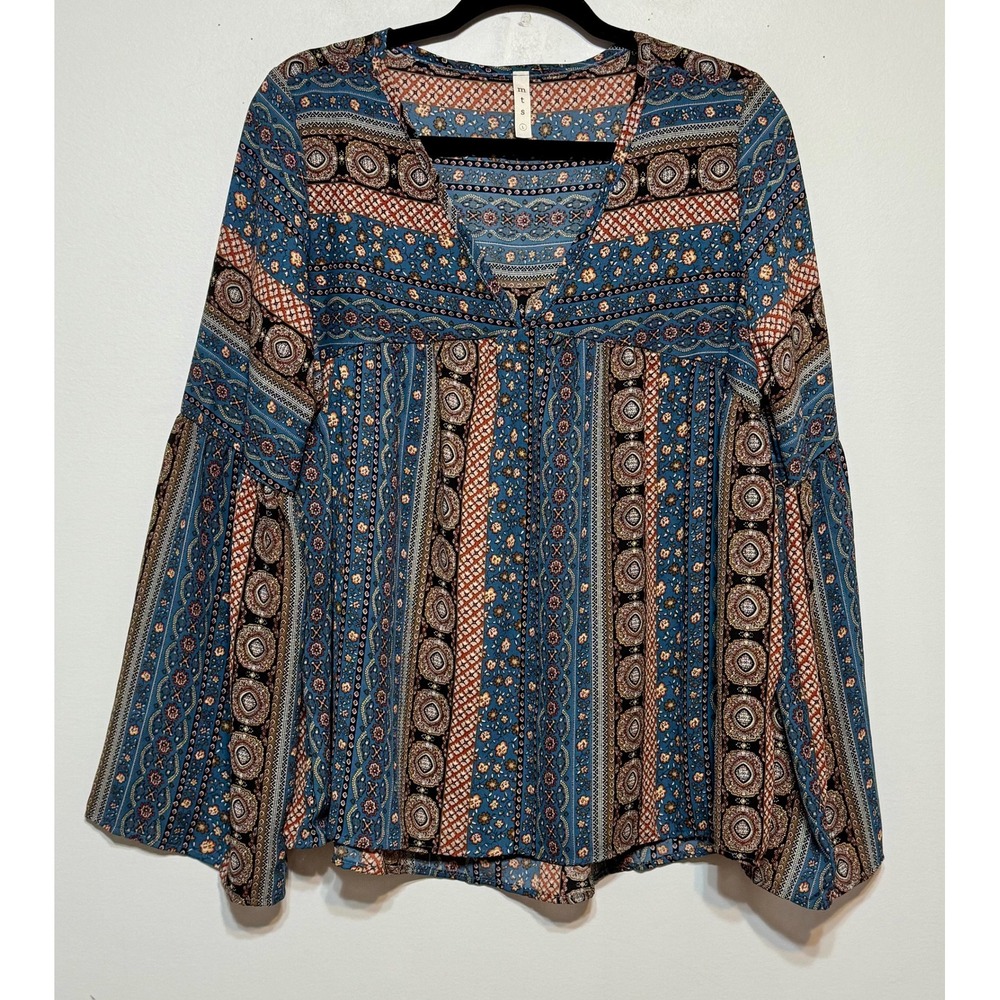 Boho Printed Peasant Blouse - Blue Multi